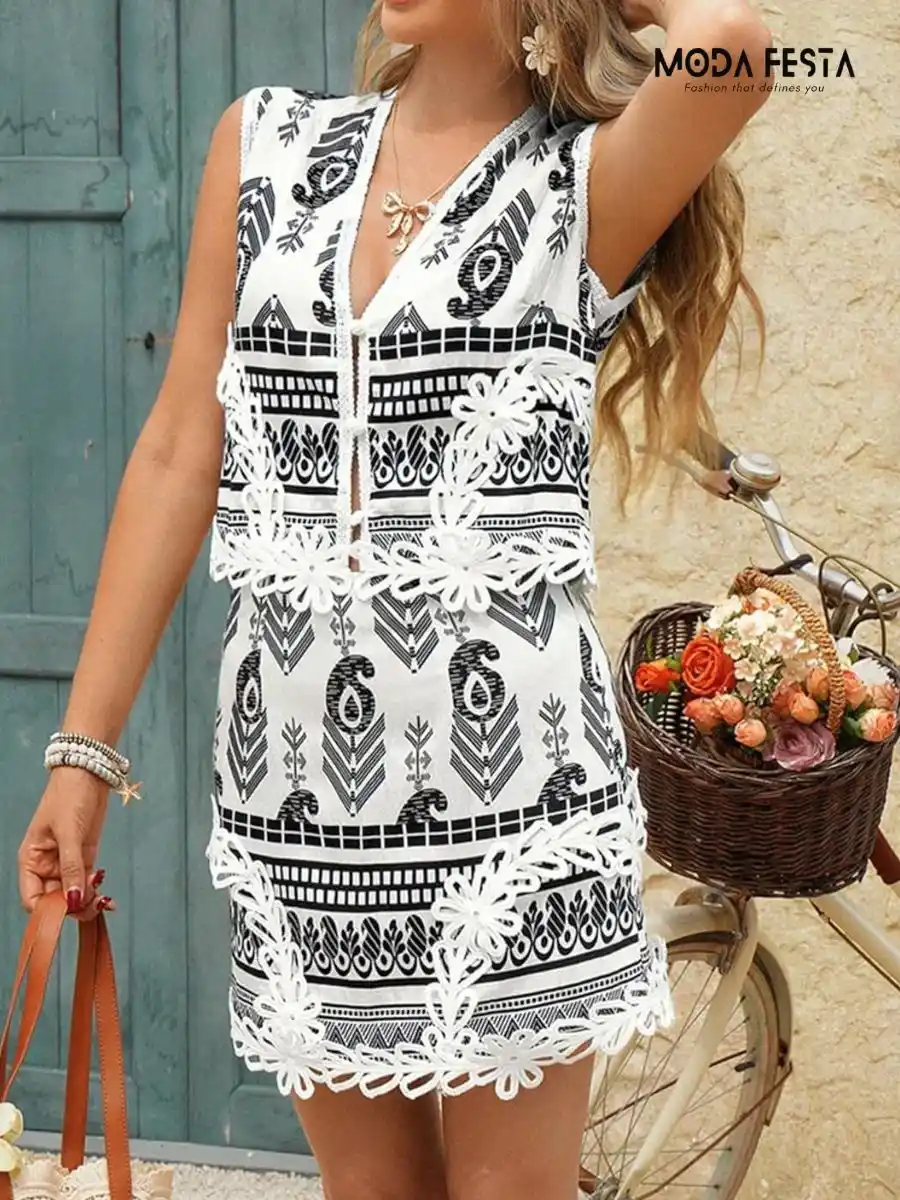 ModaFesta -Elegant Lace Trim Coord Set